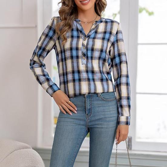 Damska Koszula Dekolt V Guziki Półplisa Długi Rękaw Pulower Wzór Kratka Casual Regularny Krój Koszula Biurowa