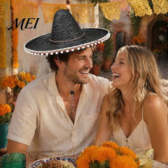 Volwassen Vakantiehoed Mexicaanse Sombrero met Kleurrijke Pompons, Hawaïaanse Stijl Geweven Strooien Zonnehoed, Met Brede Rand Lichtgewicht Themafeest Kostuum voor Zomerstrand