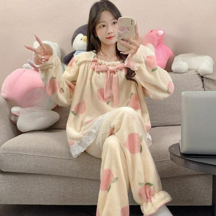 Flannel Pajamas Women Ins Autumn and Winter Coral Fleece Sweet Home Service Suit