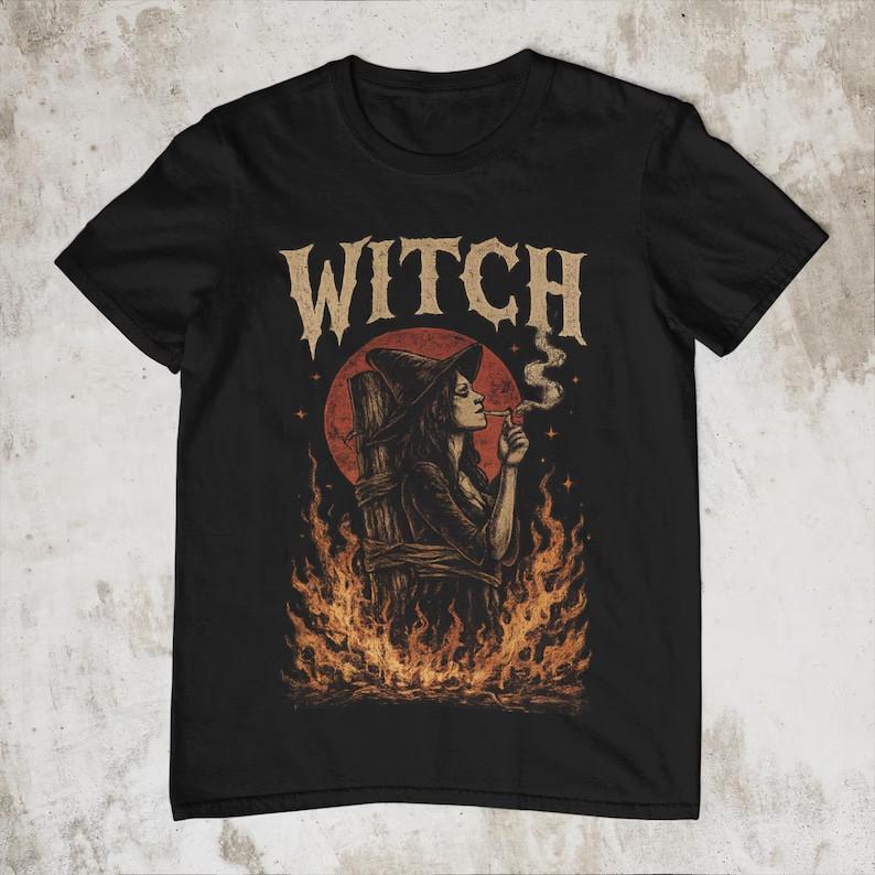 Dark Witchy Graphic Tee, Occult Aesthetic T-Shirt,Witch Lighting Cigarette While