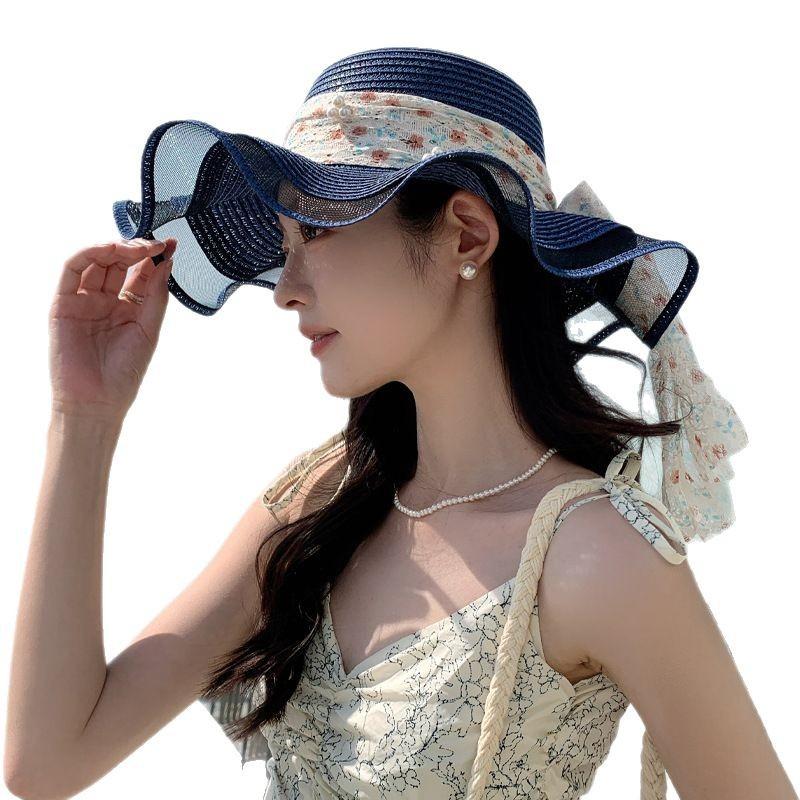 Hat Female Sweet Pearl Lace Ribbon Straw Hat Summer Seaside Big Brim Sun Hat Vacation Sun Hat