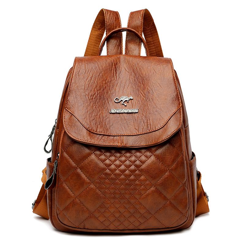 Weiche Lederstruktur große Tasche neu retro gestickter Faden Raute lässig große Kapazität Reise Temperament Rucksack Damen