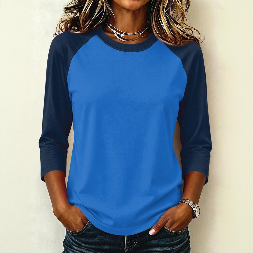 Women's Casual Color Block Pullover T-Shirt, Raglan 3/4 Sleeve, Round Neck, Lightweight Top for Summer, Spring, and Fall