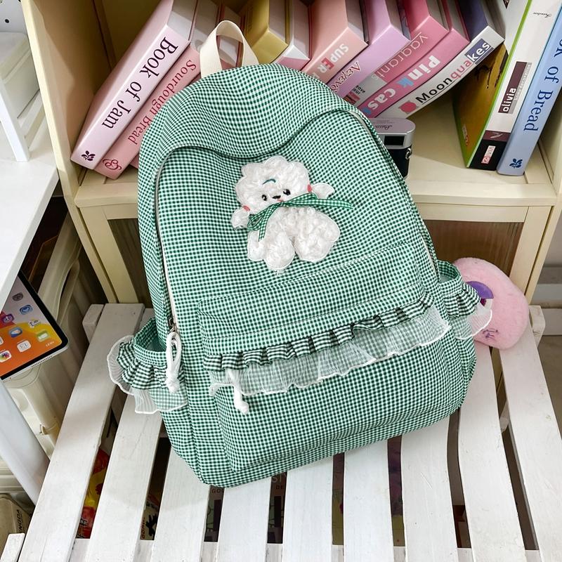 Kawaii Checkered Nylon Backpack with Fluffy Poodle Embroidery Sweet Style Women's School & Daily Bag