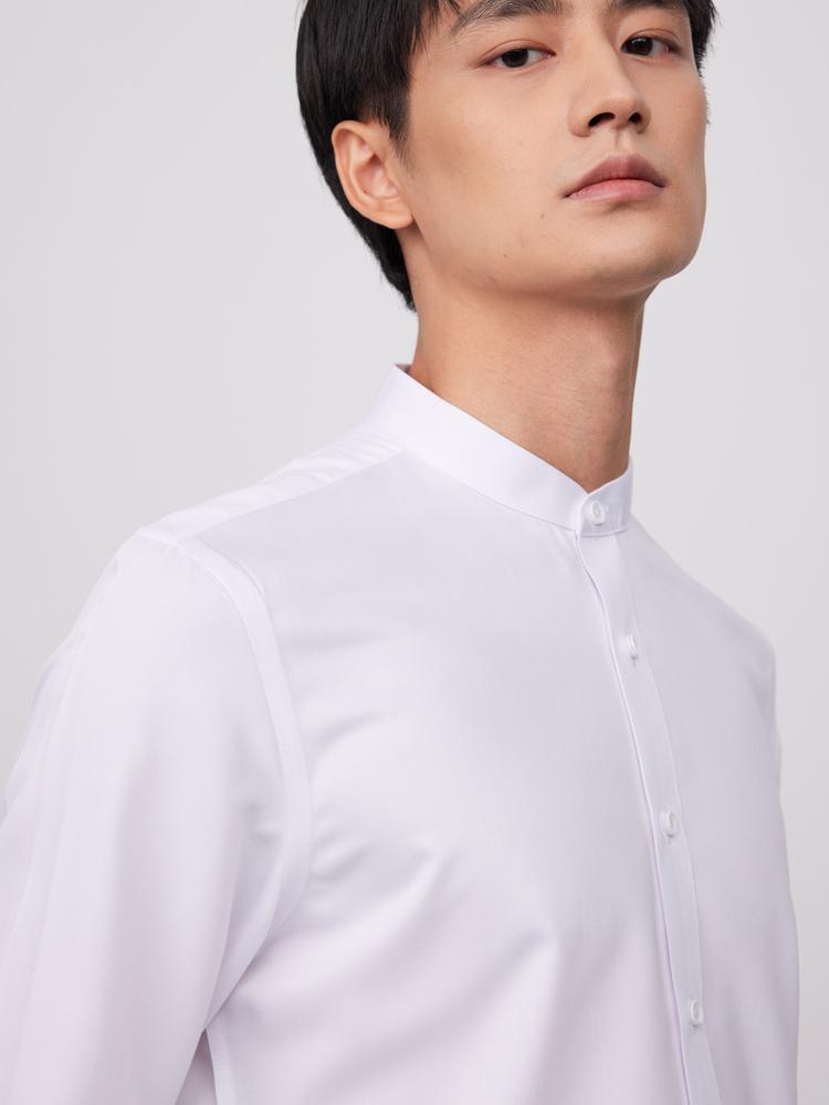 Men's Comfy Slight Strech Stand Collar Shirt, Semi-formal Button Up Long Sleeve Classic Solid Color Shirts, Light Business Style