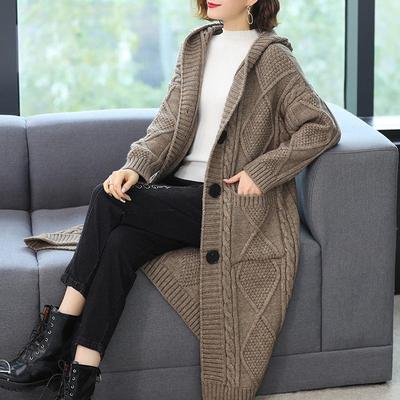 Spring Autumn Large Size Jacquard Twists Cardigan Sweater Women Long Large Pocket Hooded Single Breasted Knitted Cardigan Coat