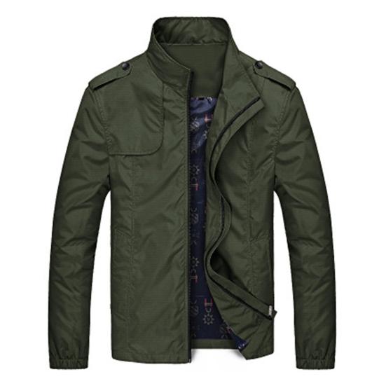Solid Color Men Coat Stand Collar Top Two Pockets Zipper Closure Casual Jacket for Autumn