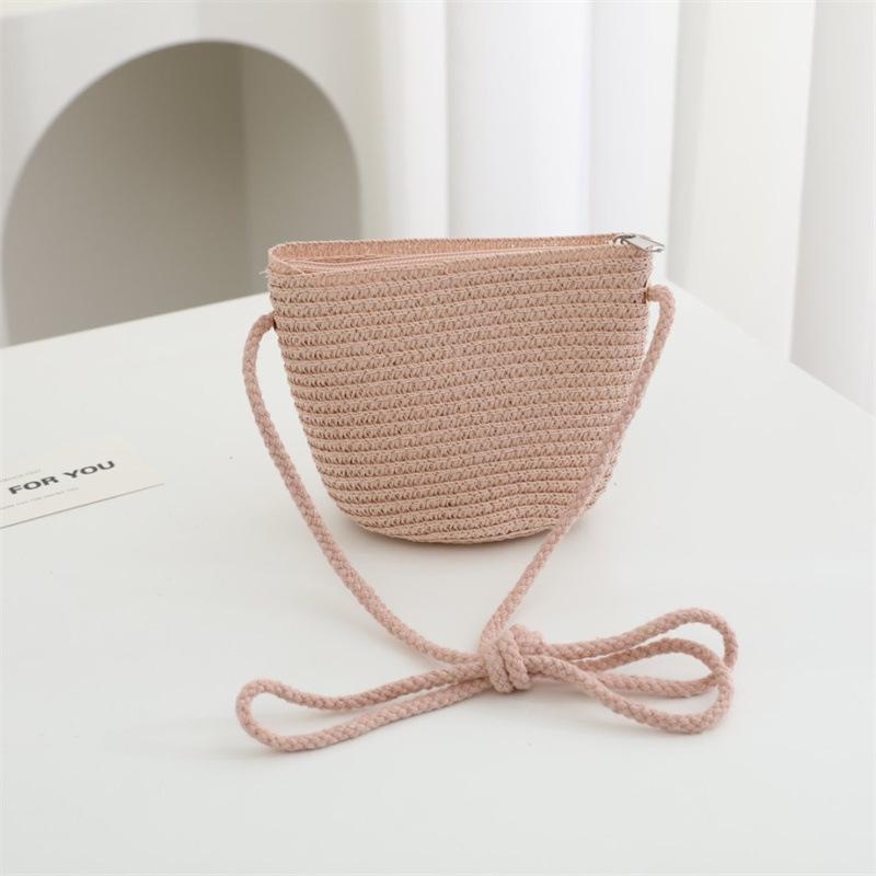 Summer Solid Color Straw Bag Shoulder Messenger Round Bag Children Versatile Outing Beach Bag Light Board DIY Round Weaving