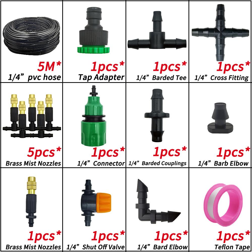 Oasis 5M-30M Garden Irrigation Outdoor Misting Cooling System Watering 1/4'' Brass Atomizer Nozzles 4/7mm Hose Patio Greenhouse