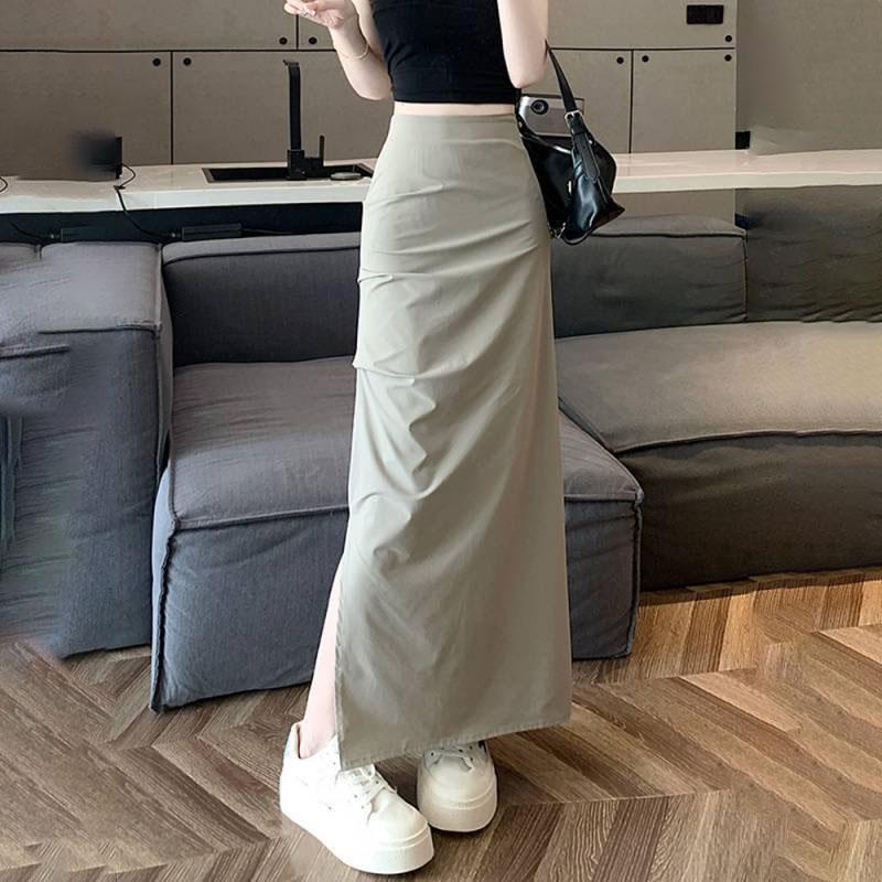 Women's Korean Style Solid Color High-Waisted Slimming Half Skirt Summer Ruched Split Bodycon Long Skirt