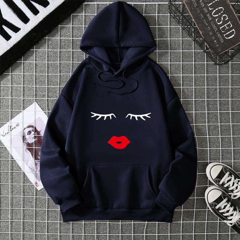 Pretty Cute Eye Lashes Red Lips Print Women Hoodie Summer Short Sleeve O Neck T-shirt Ladies White Hooded Sweatshirt