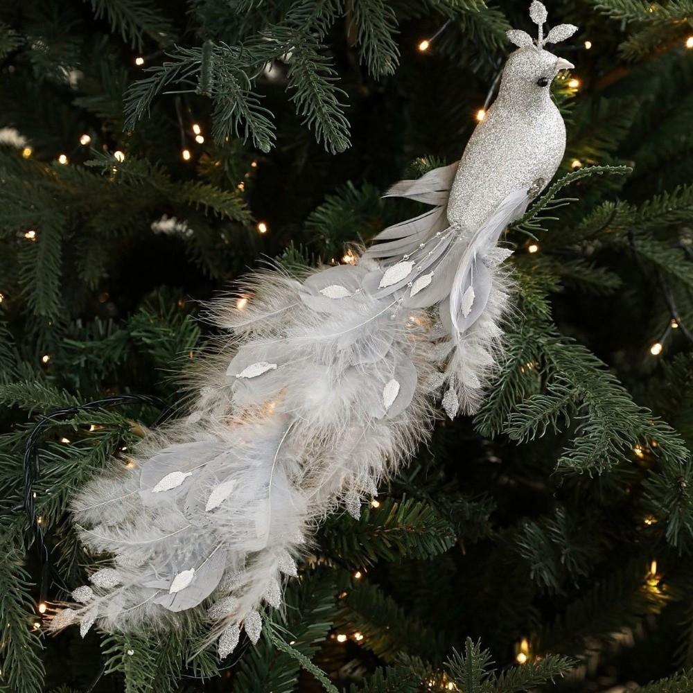 Realistic Christmas Peacock Ornaments Long Tail Peacock Bird Figurine  Home Party Decor