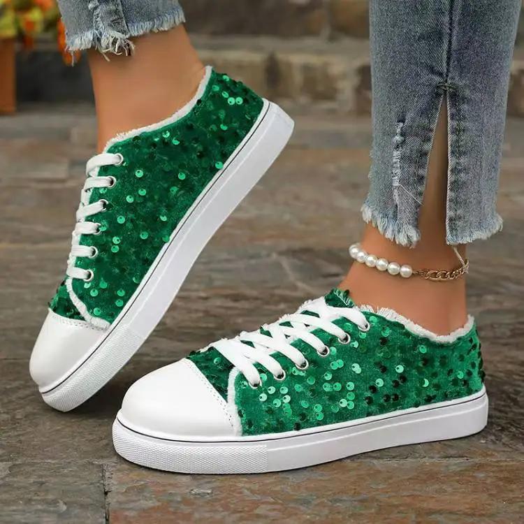 2025 Women's Single Shoes Spring Autumn New Fashion Sneakers Round Head Flat Bottom Lace Up Sequins Casual Shoes