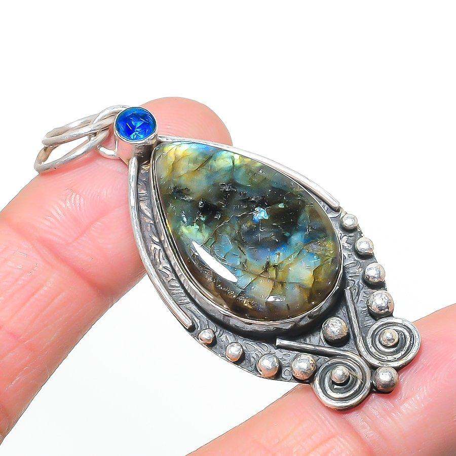 Natural Labradorite, Topaz 925 Sterling Silver Jewelry Pendant 2.44  AP-14492