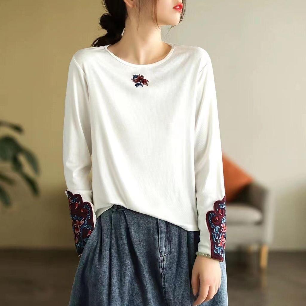 Maglia Girocollo in Cotone Stile Etnico Ricamata a Maniche Lunghe T-shirt da Donna Autunnale Sottogiacca