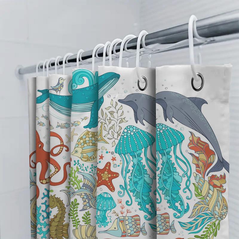 Underwater Life Sea Creature Print Shower Curtain Waterproof Decor Home Bath Accessories Customizable Size Options Available Whi