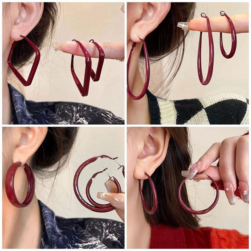Ankola Red Circle Ear Buckle Retro Hong Kong Style Red Drop Glaze Earrings Niche Simple Earrings
