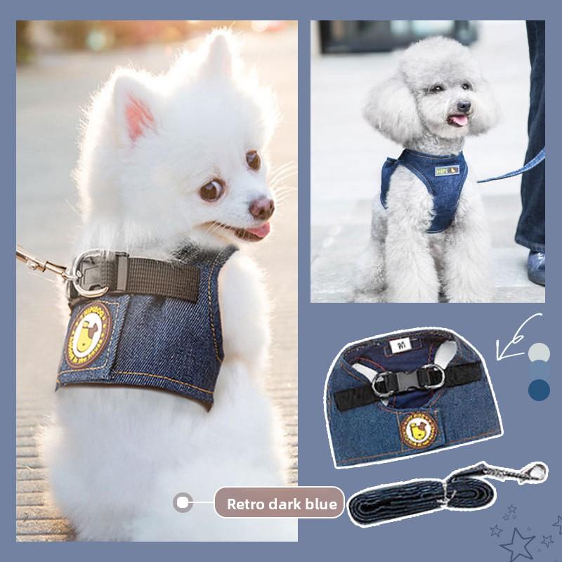 Denim Vest‑Style Pet Harness and Leash Set, Adjustable Soft Chest Harness for Small Dogs Cats, Walking Lead for Teddy Puppy