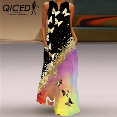 Summer Women's Sleeveless Long V-Neck Printed Jade Flower Dresses