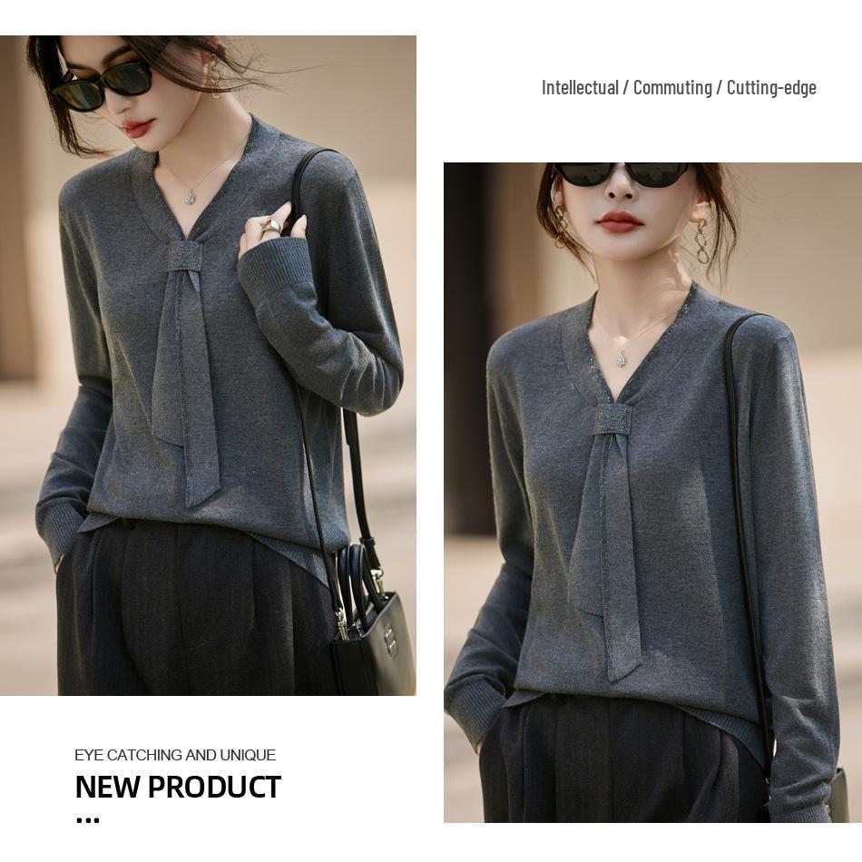 Women's Plus Size Rhinestone V-neck Knit Sweater - Autumn Fashion Long Sleeve Top