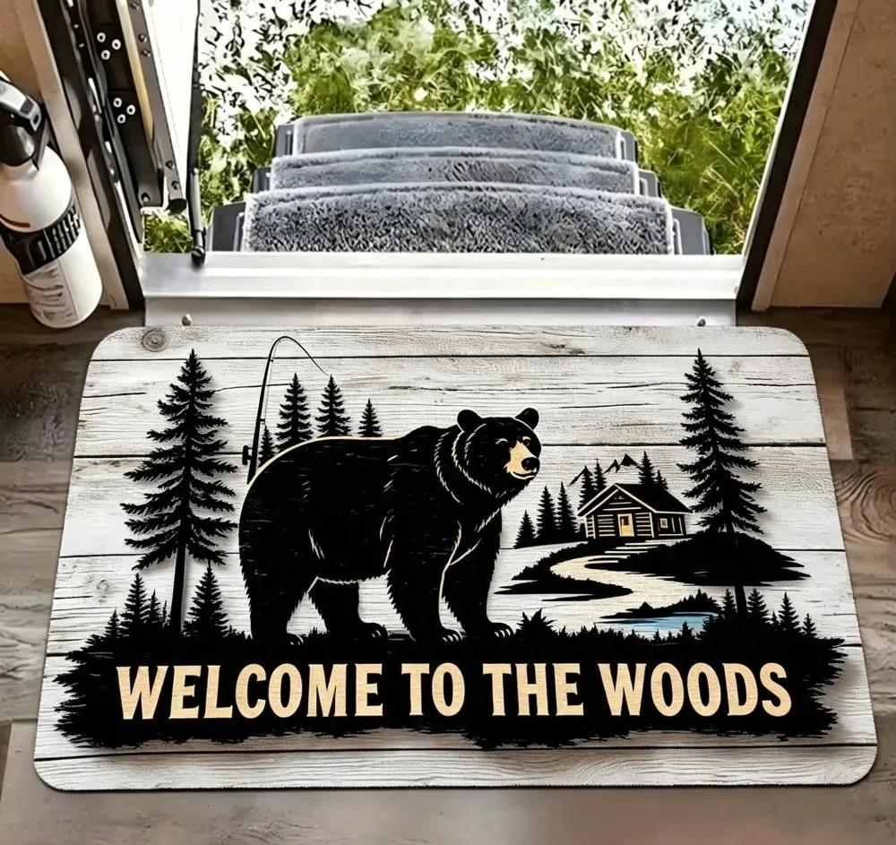 Woods Bear Cabin Door Mat Fishing Rod Pine Tree Silhouette Print Non Slip Indoor Outdoor Rug For Rustic Home Entrance Decor