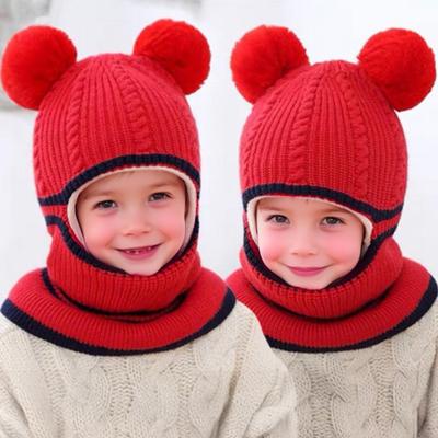 Children Hat Plush Balls Decor Thickened Knitting Hat 3-in-1 Design Hat Scarf Face Guard