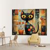 2D Retro Folk Art Cat Tapestry, Whimsical Black Cat with Floral Pots Scene Backdrop for Bohemian Spaces