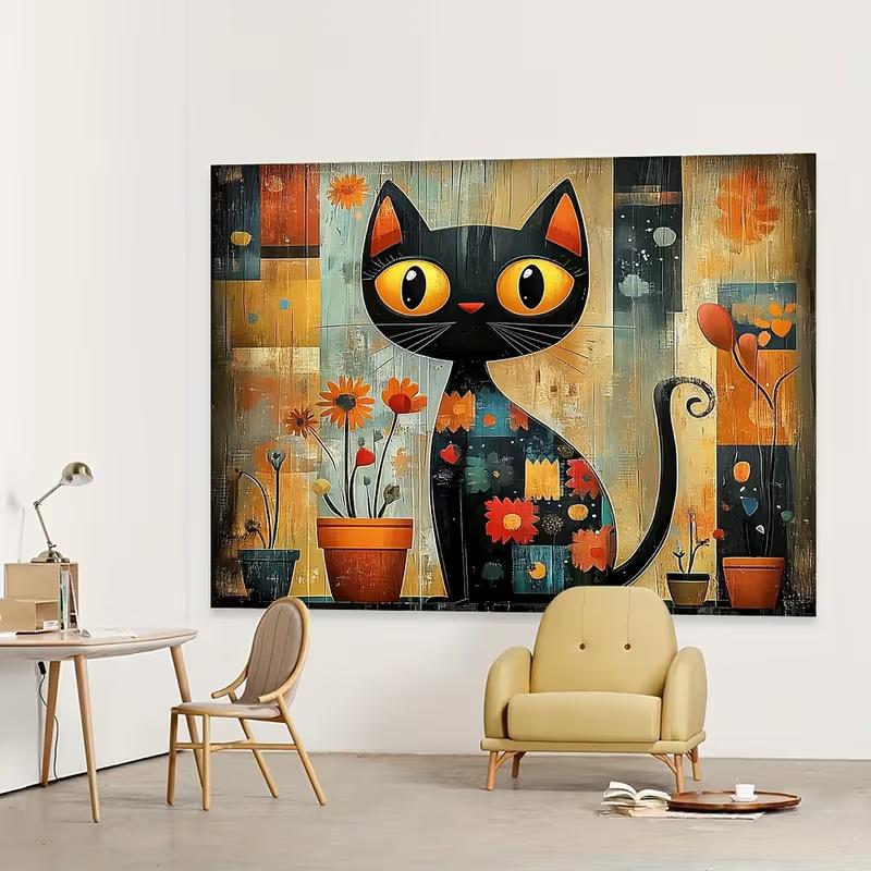 2D Retro Folk Art Cat Tapestry, Whimsical Black Cat with Floral Pots Scene Backdrop for Bohemian Spaces
