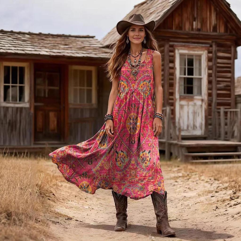 Summer 2026 Retro Bohemian V-Neck Sleeveless Dress
