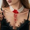 Sweet Cool Goth Blood Dripping Fringed Necklace Choker Halloween Blood Imitation Pearl Beaded Necklace