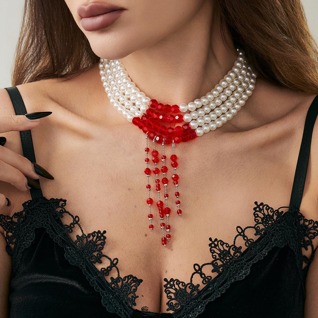 Sweet Cool Goth Blood Dripping Fringed Necklace Choker Halloween Blood Imitation Pearl Beaded Necklace