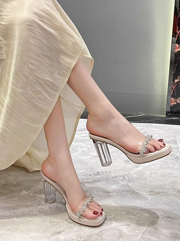 Fairy feeling heightened transparent cool slippers design one-word year versatile style thick-soled slippers