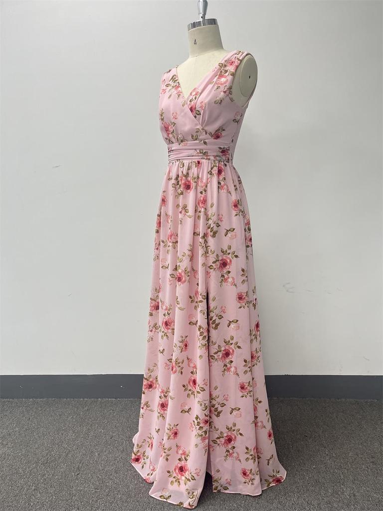 European & American Women’s Chiffon A-Line Evening Dress with Double V-Neck, Sleeveless Design, Slit, and Elastic Waist.