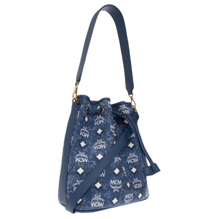 New MCM Denim Jacquard With Leather Bucket Bag, Portable Crossbody Bag, Shoulder Bag Medium Size Women's Blue MWDDSDU05LE001