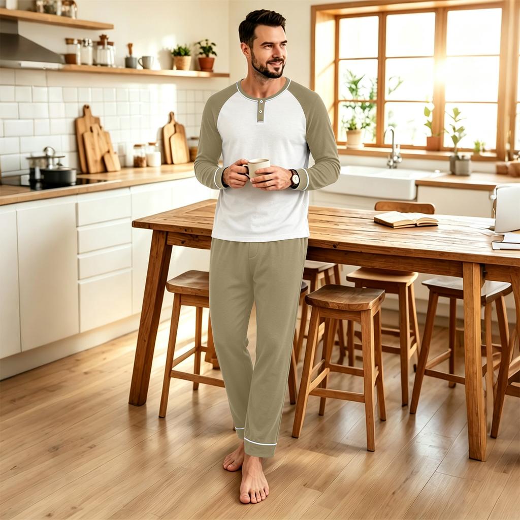 Men's Casual Loose Fit Raglan Sleeve Pajama Set for Sleep and
