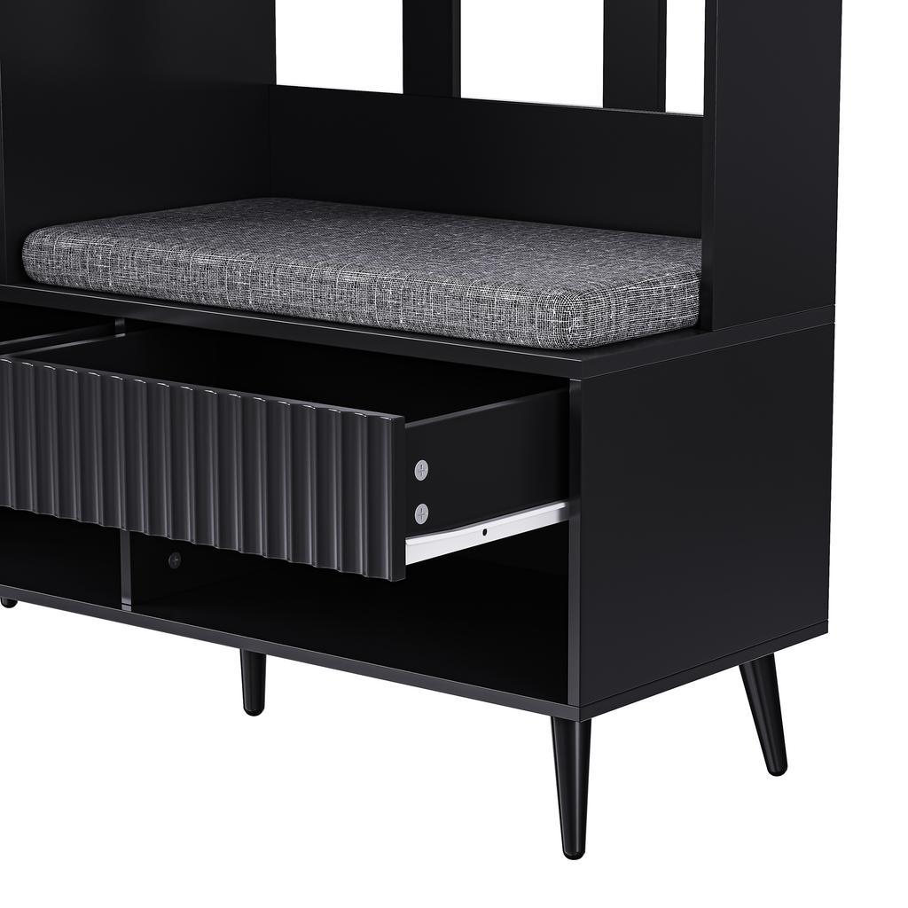 Coat Rack Set, Wall Coat Rack, Hallway Coat Rack Set with Shoe Bench, 4 Clothes Hooks, Two Drawers and 1 Door, Black, 100 L x 35 W x 180 H cm