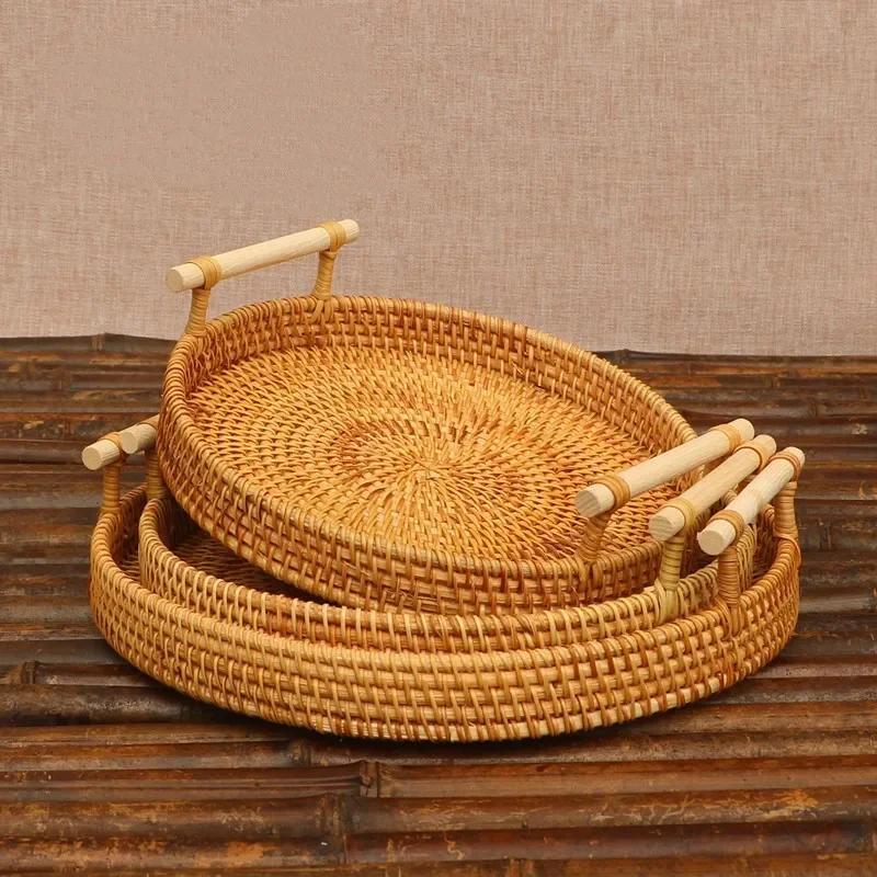 Rattan Woven Fruit Basket Japanese Bread Mantou Basket Living Room Home Storage Bamboo Tray