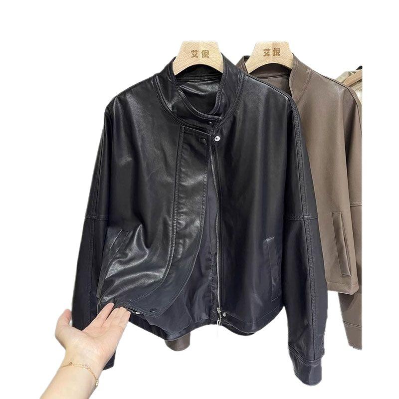 Casual temperament locomotive leather jacket women's autumn high sense stand-up collar loose jacket fashion brown