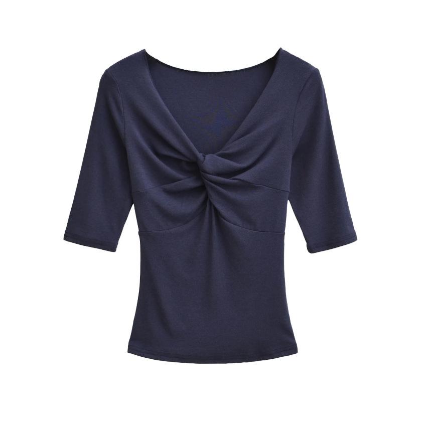 Kink V-neck Medium-sleeved T-shirt Women's Summer New American Spice Girl Style Solid Color Slim-fitting Slim Bottom Top