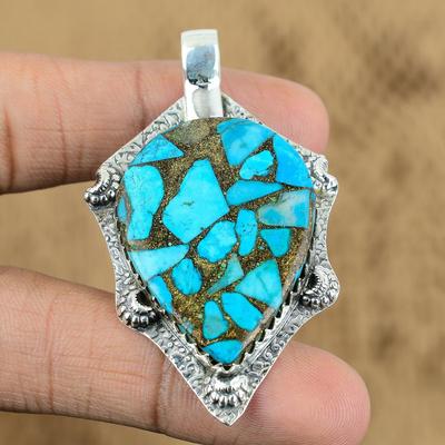 Pear Copper Arizona Turquoise Stone 925 Silver Boho Wedding Wife Pendant Jewelry