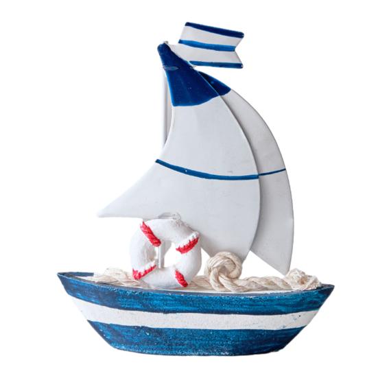 Sailboat Ornament, Wooden Iron Desktop Figure, Small Nautical Tabletop Decoration, Blue White Striped Lifebuoy Starfish Marine Style Ornament