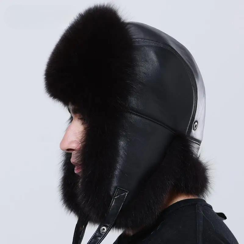 Luxury Men Bomber Hat Winter Warm Thick Fluffy Natural Fox Fur Trapper Ear Hats
