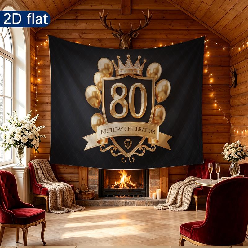 Gold 80th Gold Birthday Backdrop 1pc - Polyester Background