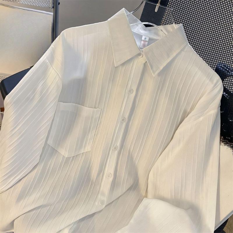 Solid Color Women's Shirt Striped Design Turndown Collar Single Breasted Pocket Famale Thin Shirts Summer Loose Casual Ladies Long Sleeved Top