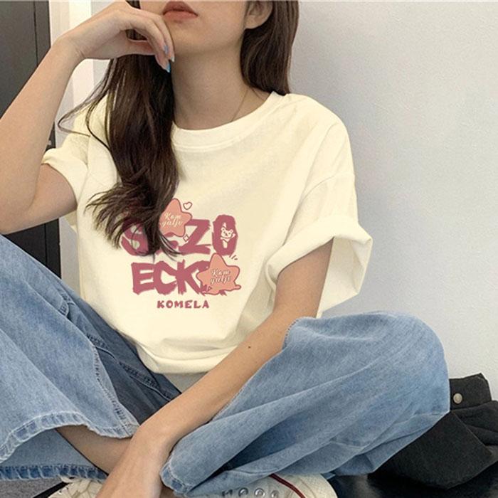 Ladies Summer Short Sleeve Round Collar Pullover Casual Star Letter Printed Teenager Oversize T Shirt Top