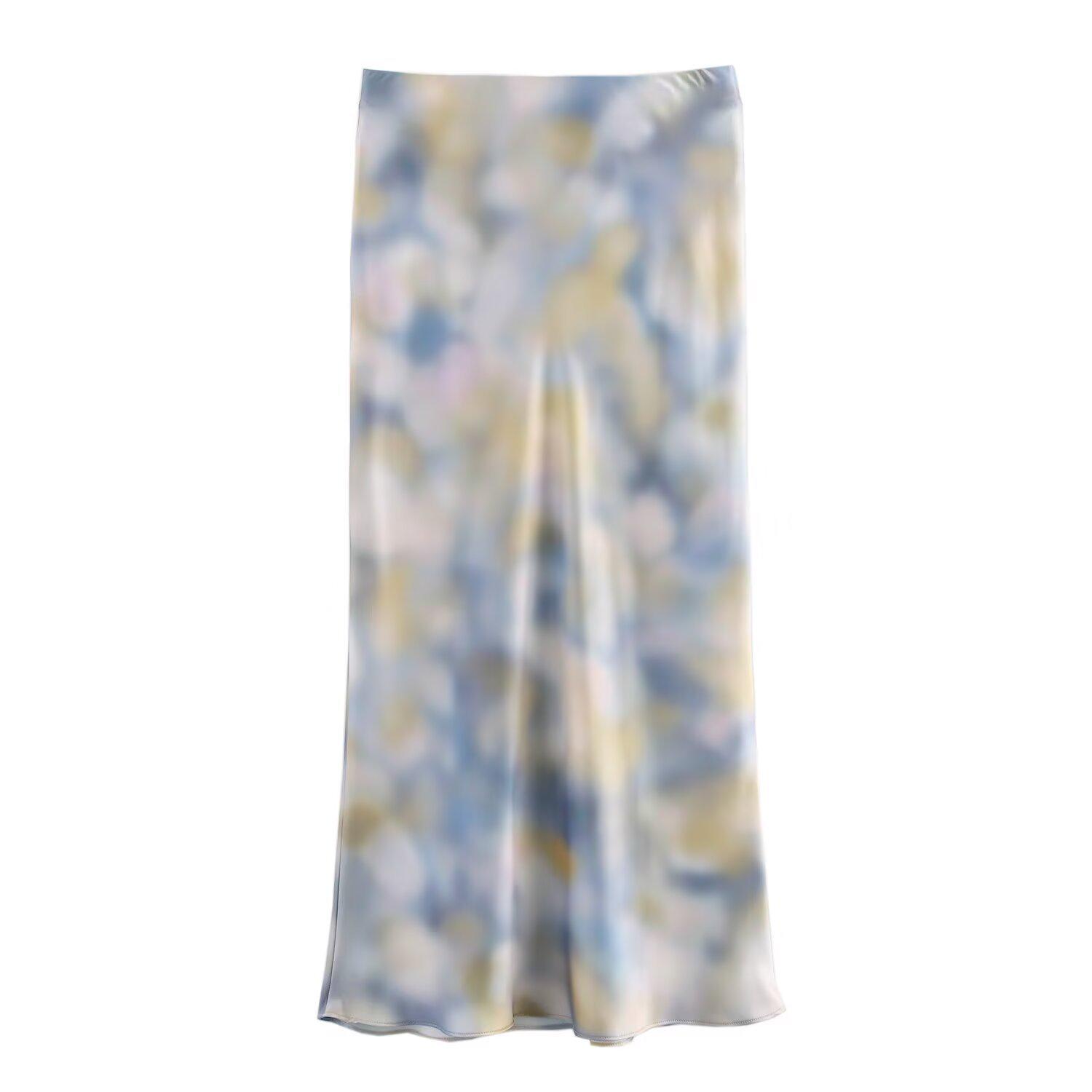 

Весна 2025 Женский комплект рубашка из шелкового сатина тай-дай и облегающая юбка миди Medium светло-синий