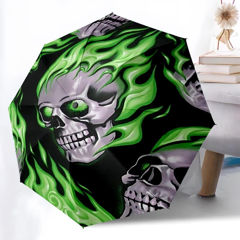1pc Flame Skull Fashionable Automatic Opening/Closing Folding Umbrella with 8 Bones, Windproof Portable, Daily Use216