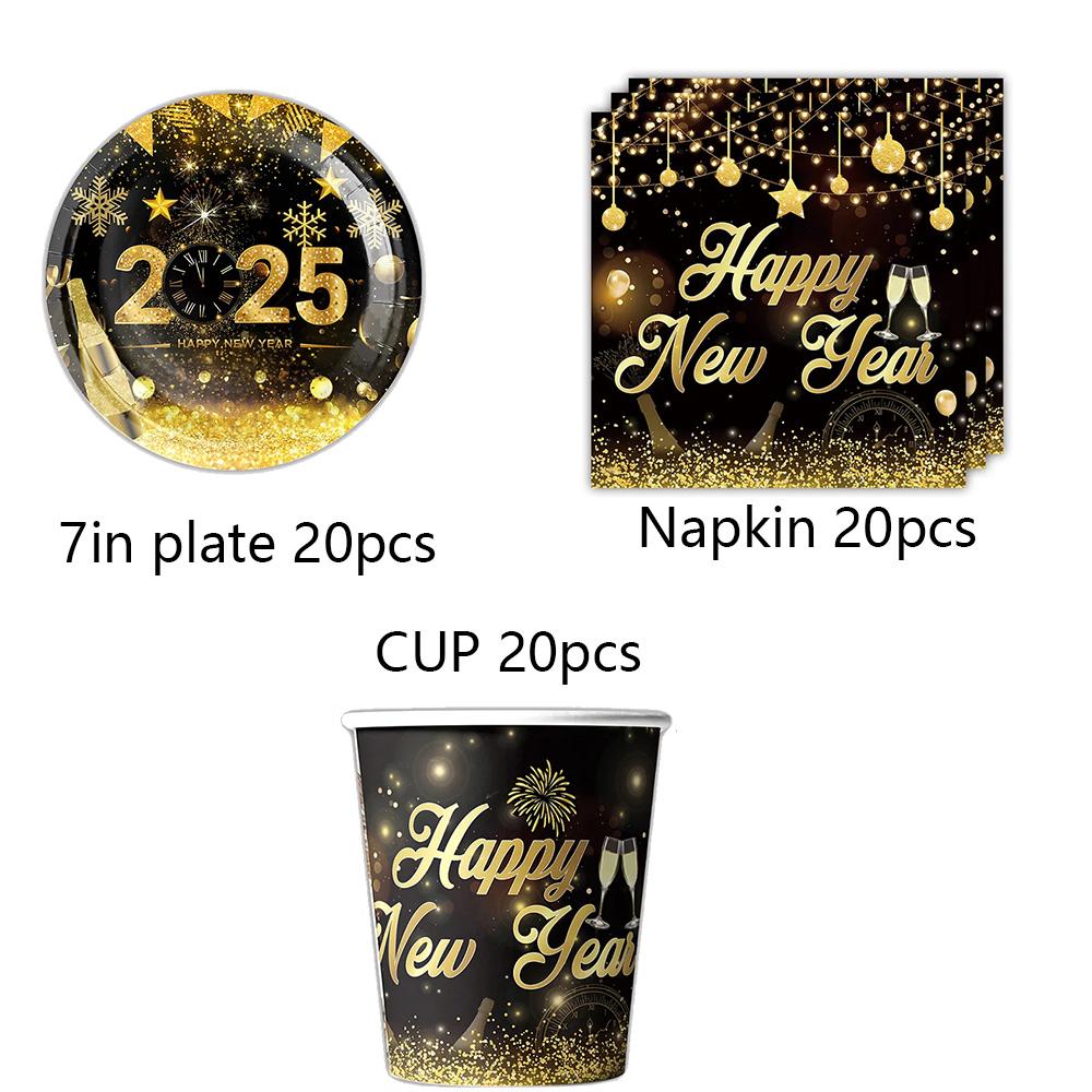 New Years Eve Tableware 2025 Black Gold Theme Balloon Package Cup Napkin Tablecloth Banner Balloon Happy New Year Party Supplies