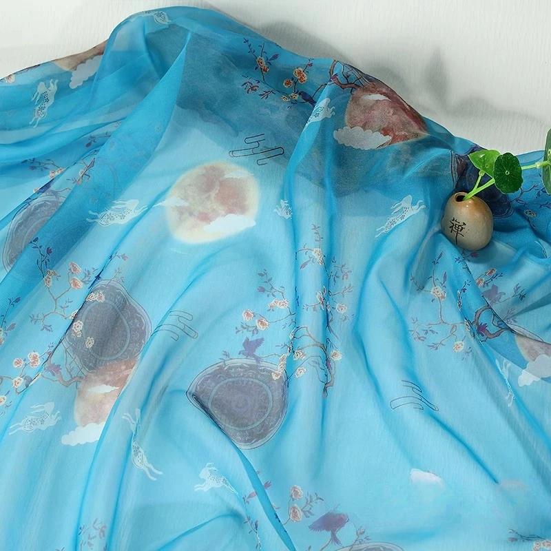 Hedvábný šátek dekorativní 30D Tištěný šifon Inkoustová malba Čínský styl Látka Starobylý kostým Hanfu Sukně Gáza Gázová oděvní látka