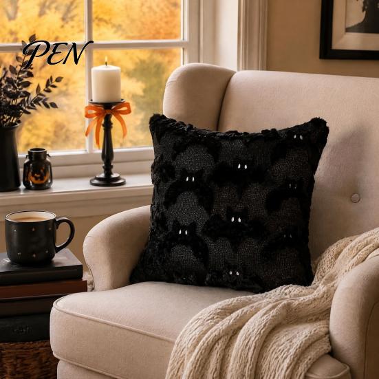Cozy Living Room Accents Halloween Ghost Cushion Cover, Plush Embroidered Throw Pillow 18x18 Holiday Covers Inch Cute Case for Home Sofa Bed